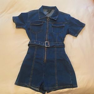 PLT Mid Wash Zip Front Belted Hot Pants Romper